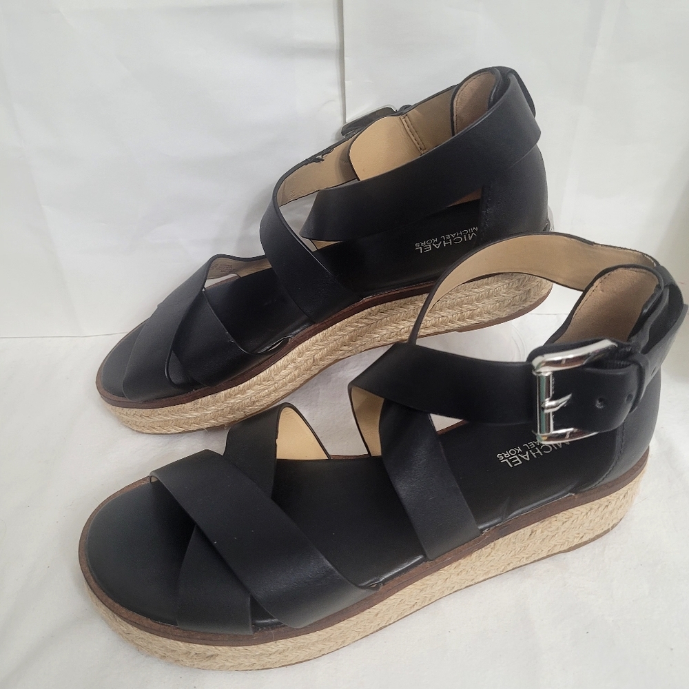 Michael Kors Black Leather Espadrille Sandals "Darby", Brand-new, Size 8.5 - Picture 2 of 14
